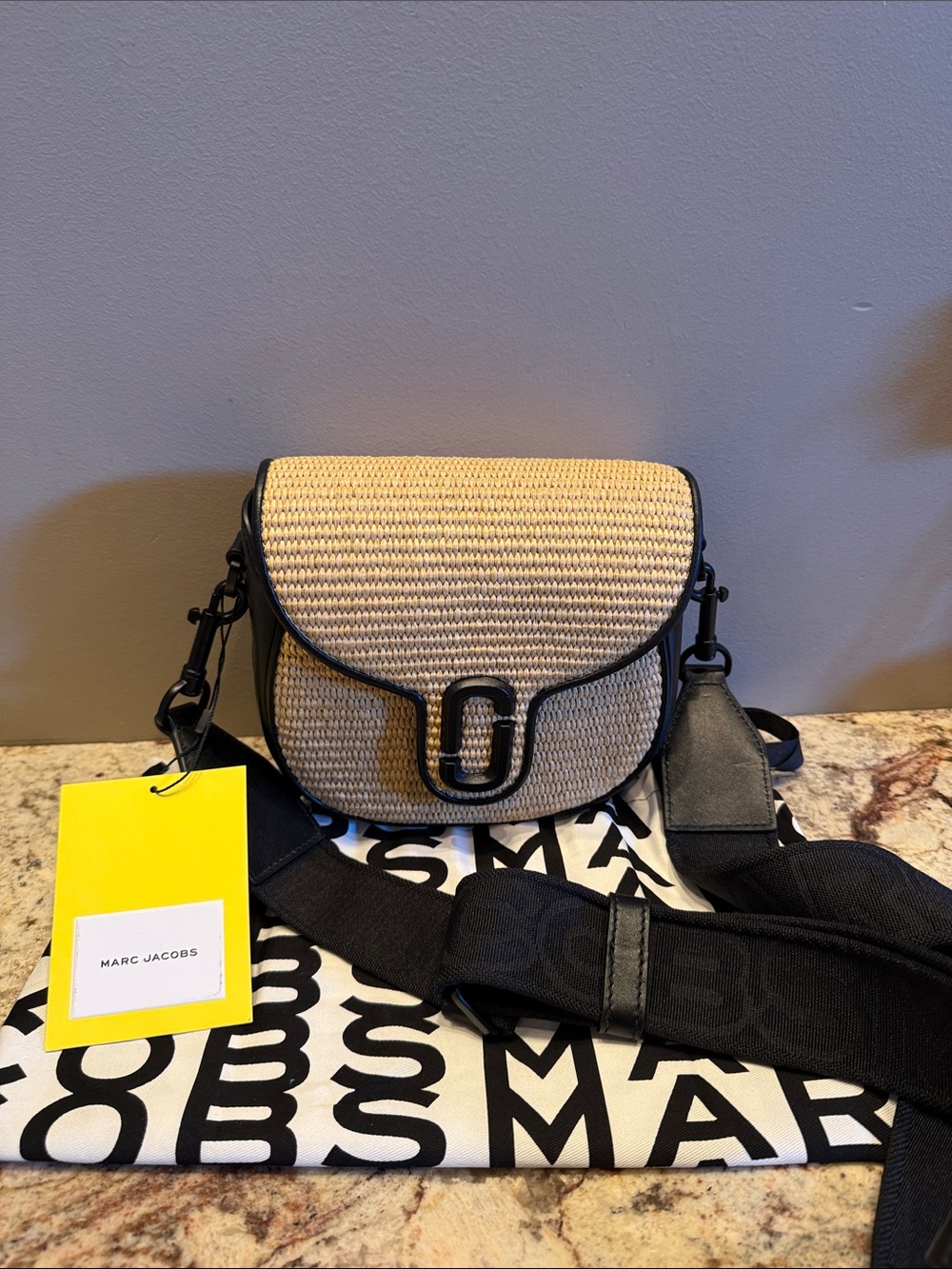 NWT! Marc Jacobs Beige Woven and Black Trim Saddle Crossbody
